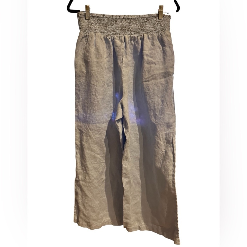 Crown & Ivy Women's Large LINEN Baby Blue Wide Leg Pants Smocked Elastic Waist - Picture 2 of 5